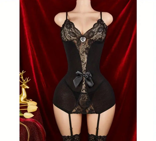 3 piece Suspender Dress with Stockings and Thong